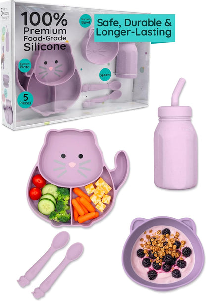 Melii 5-Piece Silicone Baby Feeding Set – Divided Suction Plate, Suction Bowl, Straw Cup & Spoons – Food-Grade Silicone, BPA-Free, Dishwasher & Microwave Safe, BLW Toddler Feeding Set, Dinosaur Design