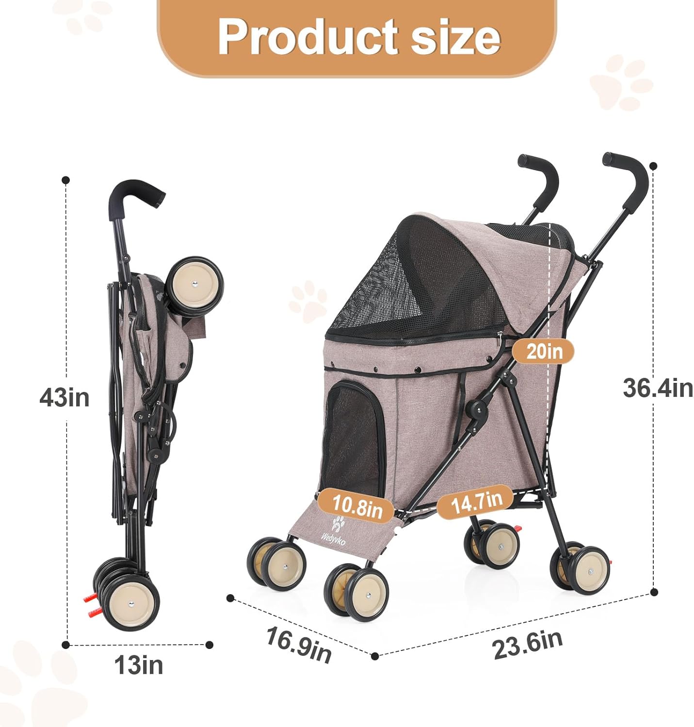 Wedyvko Travel Portable Dog Stroller, Pet Stroller for Small Puppy Dogs & Cats, Up to 33 lbs, Black