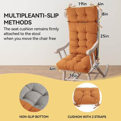 Millsilo Rocking Chair Cushions 3-Piece Set with Neck Pillow, Indoor Rocker Comfortable Tufted Non-Slip Pads with Ties, High-Density Foam Cushion for Adirondack Glider Chair, Orange, 52 x 19 x 4 Inch