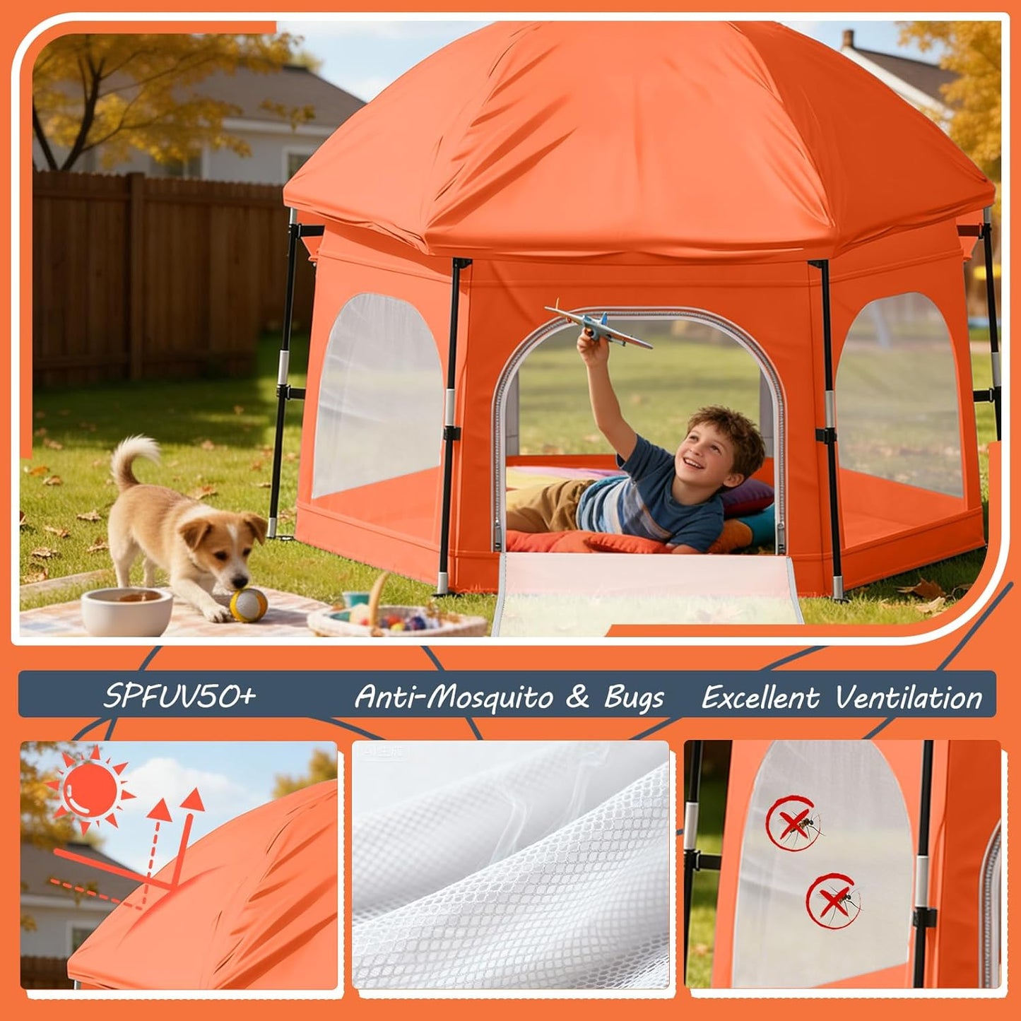Baby Playpen with Canopy, Portable Outdoor & Indoor Baby Beach Tent for Babies and Toddlers, Foldable Play Yard with Mosquito Net, Travel Play Yard Includes Sand Stakes & Carry Bag