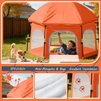 Baby Playpen with Canopy, Portable Outdoor & Indoor Baby Beach Tent for Babies and Toddlers, Foldable Play Yard with Mosquito Net, Travel Play Yard Includes Sand Stakes & Carry Bag