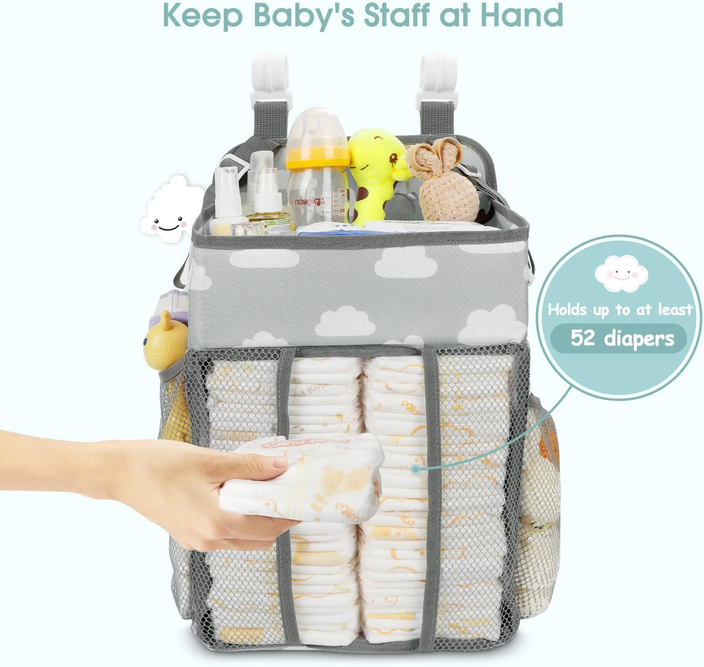 Maliton Changing Table Diaper Organizer - Baby Hanging Diaper Stacker Nursery Caddy Organizer for Cribs Playard Baby Essentials Storage (Gray)