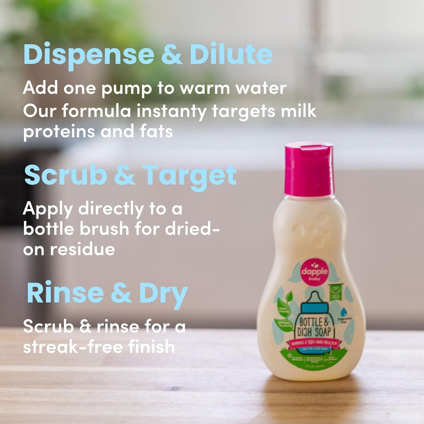 Dapple Baby Fragrance Free Bottle & Dish Soap - (3 Pack) 16.9 fl oz - Cleans Baby Bottles, Sippy Cups, Pacifiers, Breast Pumps, & More - Gently Removes Milk Film & Odors - Includes 1 Pump