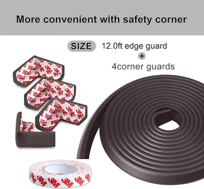 Baby Proof Corners and Edges, Soft Foam Strip Baby Proofing Guards(12.0ft Edge+4corners) 3M Adhesive for Table, Furniture, Sharp Edges Protection. Bumper Guards