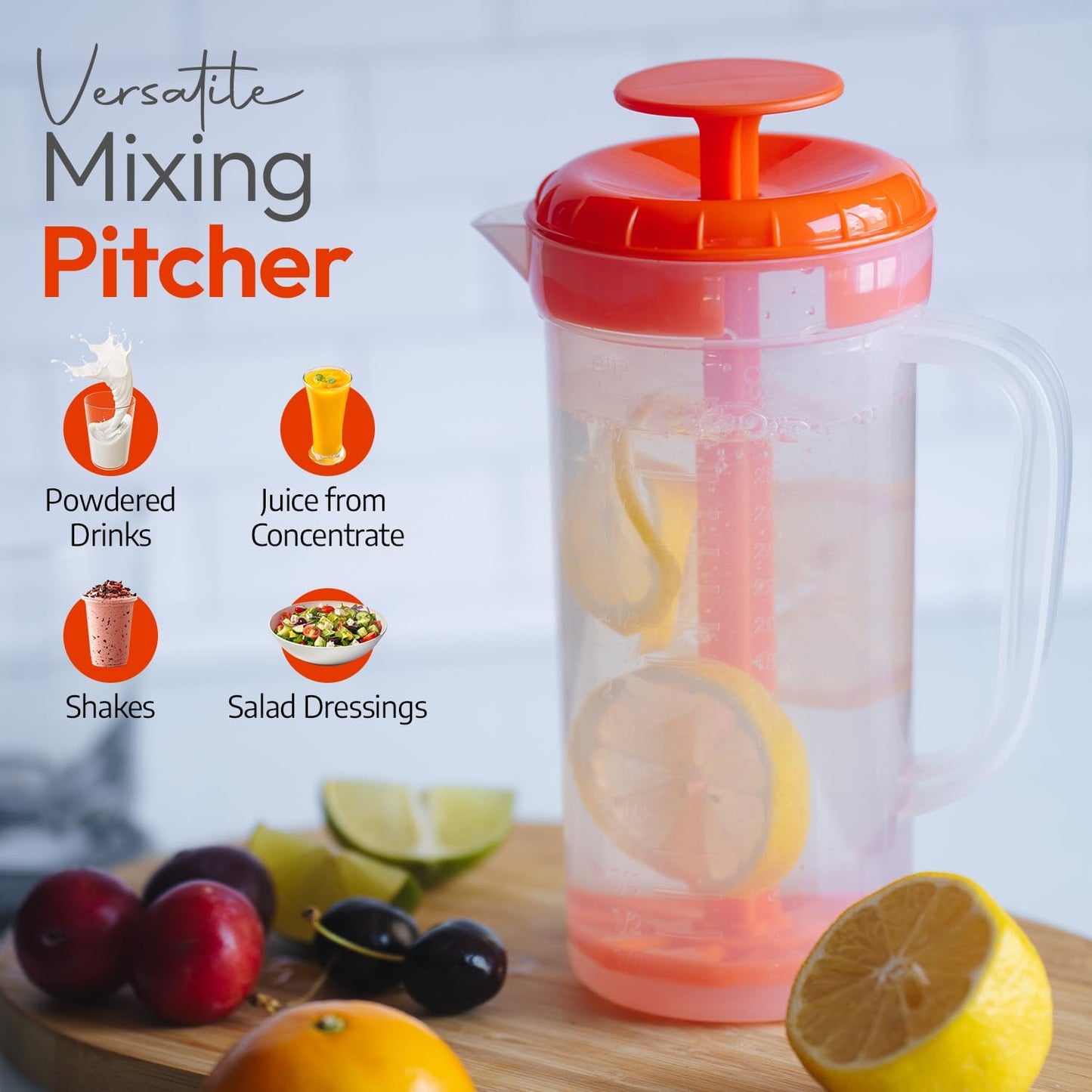 JBK Pottery 1 Quart Plastic Mixing Pitcher with Mixing Lid, BPA Free, Shatterproof Beverage Jug for Iced Tea, Lemonade, Juices, Milk – Leak-Proof, Easy Stirring, Dishwasher Safe | Blue