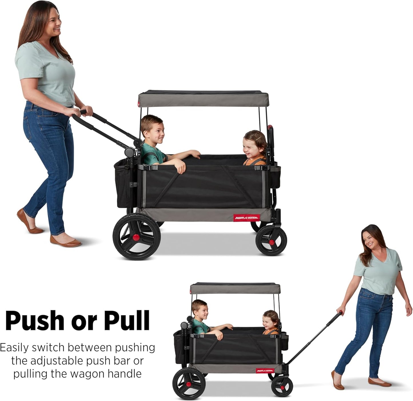 Radio Flyer City Luxe Stroll 'N Wagon, for Ages 1+, 3-in-1 Push or Pull, with Bench Mode, Easy Fold, UV Canopy, 5-Point Harnesses, Front Caster Wheels & 12" Rear Wheels, Stroller Wagon for Kids