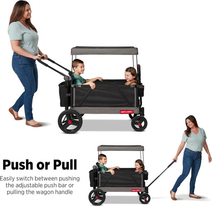 Radio Flyer City Luxe Stroll 'N Wagon, for Ages 1+, 3-in-1 Push or Pull, with Bench Mode, Easy Fold, UV Canopy, 5-Point Harnesses, Front Caster Wheels & 12" Rear Wheels, Stroller Wagon for Kids