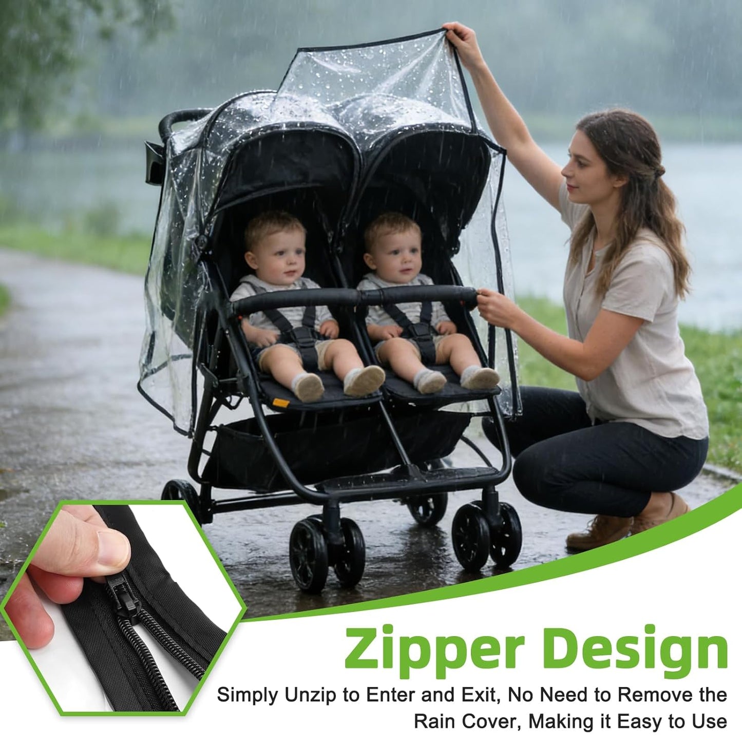 Rain Cover for Zoe Twin Double Stroller, Custom Fit Waterproof Stroller Rain Cover with Clear EVA, Ventilation Holes & Side Zipper, Easy Install & Compact Storage (Jogger not Included)