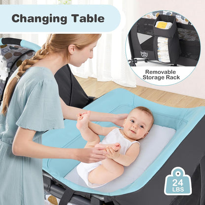 BABY JOY 5 in 1 Pack and Play, Portable Nursery Center Baby Playard w/Bassinet & Diaper Changing Table, Bag, Infant Bassinet Crib Activity Center for Baby Toddlers Indoor Outdoor (Royal Blue, Classic)