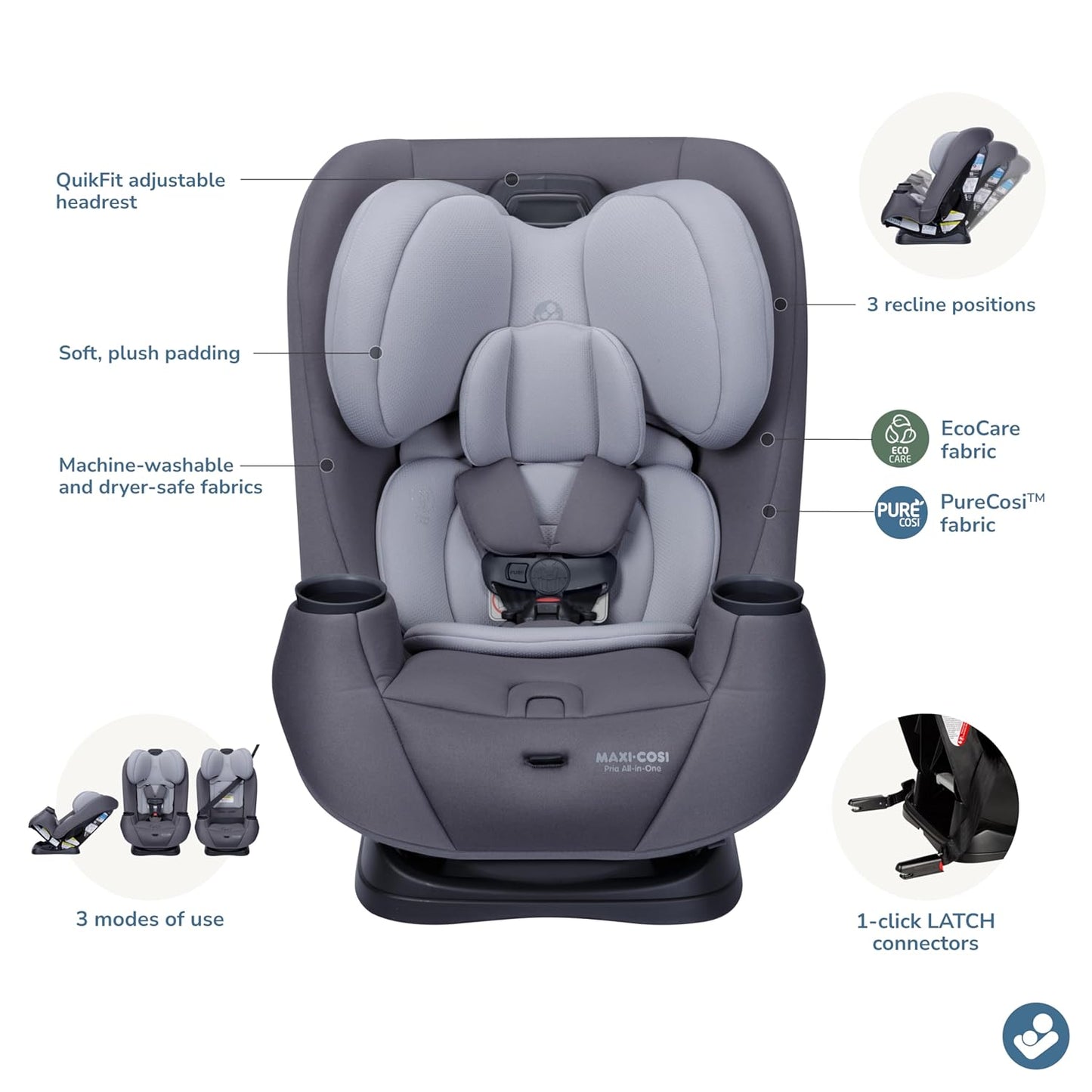 Maxi-Cosi Pria All-in-One Convertible Car Seat, Infant to Toddler Car Seat, Easy-Install Harness, Machine-Washable Cover, 5-100 lbs, Sea Shadow