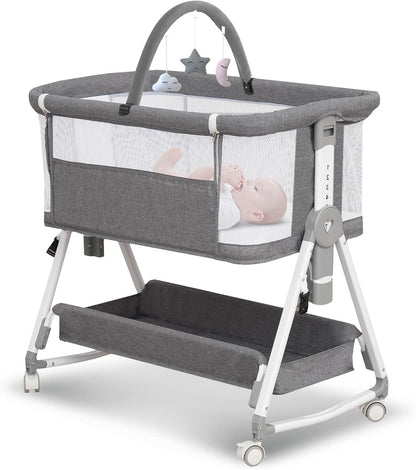 Baby Bassinet,3 in 1 Bedside Bassinet for Baby with Hanging Toys,Foldable Baby Bassinets Bedside Sleeper,4-Sided Mesh Bedside Crib with Wheels and Storage Basket,6 Height Adjustable (Light Grey)