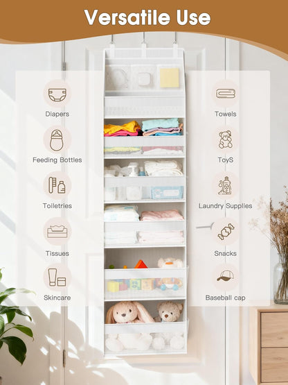 Criusia Over the Door Organizer, 6-Shelf Closet Hanging Storage with 13 Mesh Pockets, 55lbs Capacity Behind the Door Storage for Baby Nursery, Bathroom, Bedroom, and Dorm, Beige