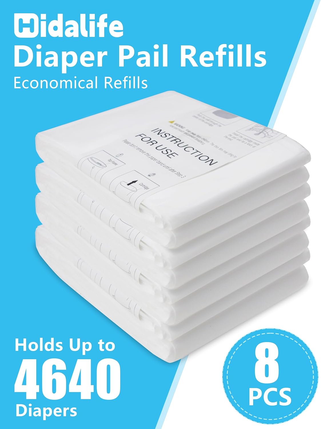 HIDALIFE Refills Compatible with Dekor Plus Diaper Pails, Disposable Diaper Trash Bags, Extra Thick Diaper Pail Refill Liners, Hold Up to 4640 Diapers (8 Pack)