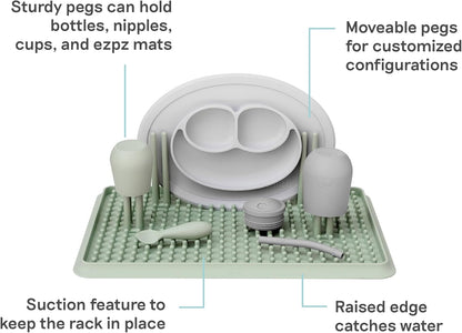 ezpz Drying Rack (Sage) - Silicone Dish Drying Rack with Suction Base - Adjustable Pegs - Odor-Resistant - Dry + Store Baby/Toddler Gear
