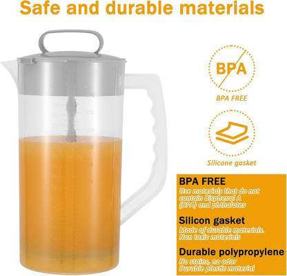 Mixing Pitcher with Plunger Mixer 2 QT/64OZ Plastic Water Pitcher with Lid & Clean Sponge, Angled Plastic Blades and Adjustable Mixer Plunger for Mix Juice, Milk,Tea, Beverage Container