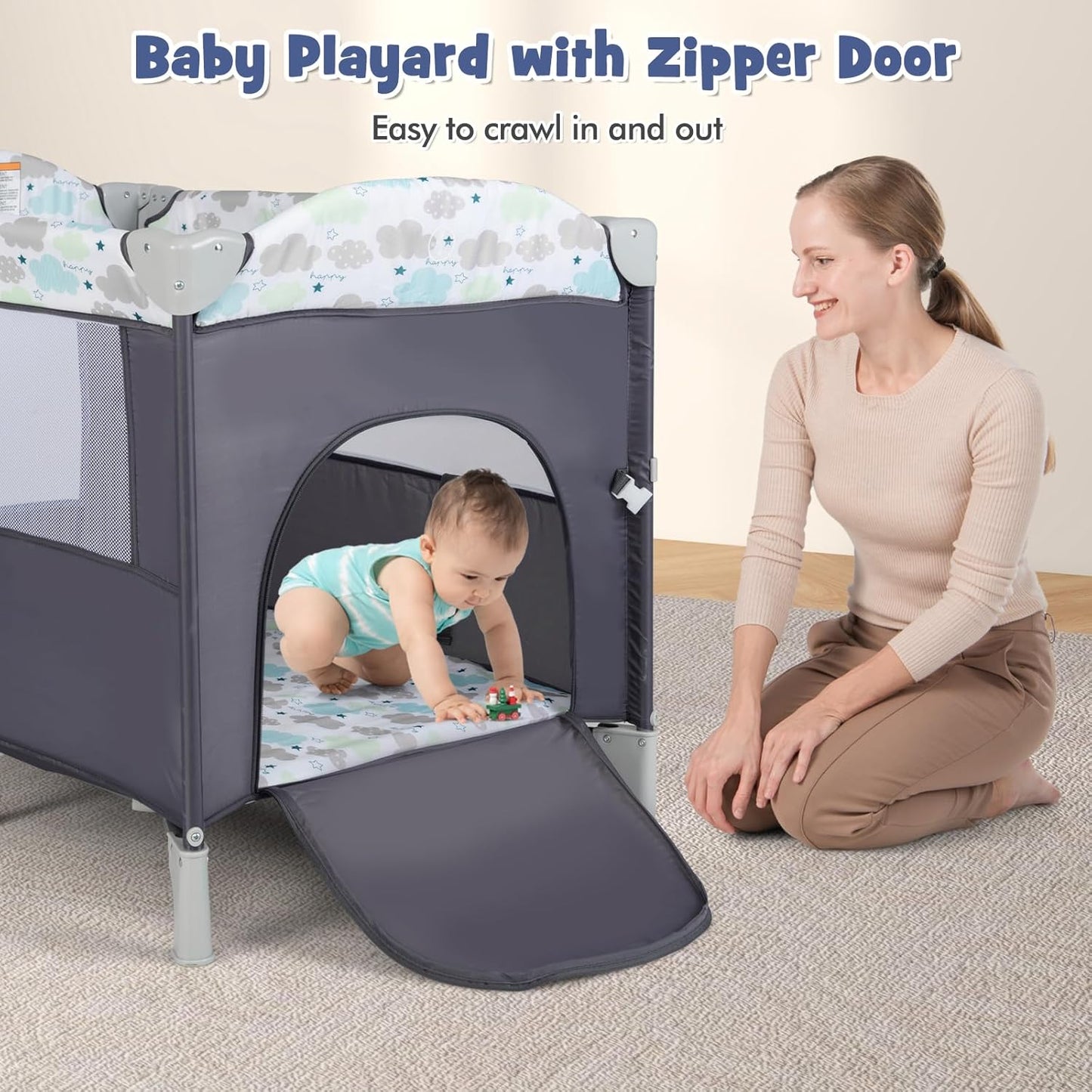 HONEY JOY Pack and Play with Bassinet, 5-in-1 Baby Bedside Sleeper w/Diaper Changing Table & Storage Bag, Toy Arch & Music Box, Detachable Side Rail, Portable Baby Play Yard w/Carry Bag(Gray)