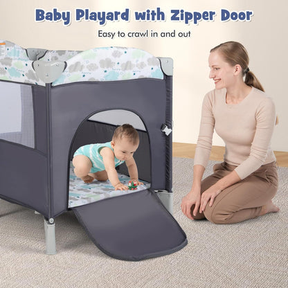 HONEY JOY Pack and Play with Bassinet, 5-in-1 Baby Bedside Sleeper w/Diaper Changing Table & Storage Bag, Toy Arch & Music Box, Detachable Side Rail, Portable Baby Play Yard w/Carry Bag(Gray)