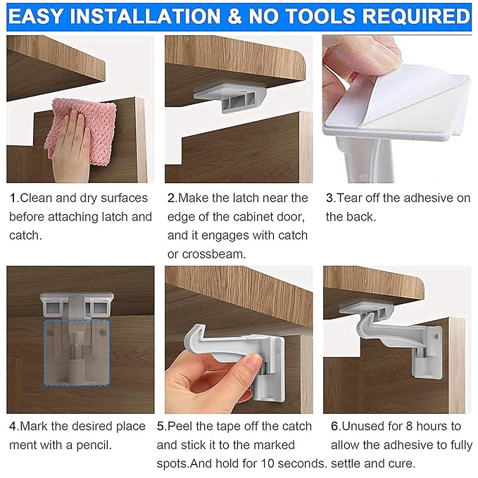 8 Pack Upgraded Invisible Baby Proofing Cabinet Latch Locks - No Drilling or Tools Required, Children Proof Cupboard Drawers Latches, Works with Most Cabinets and Drawers - Adhesive Easy Installation