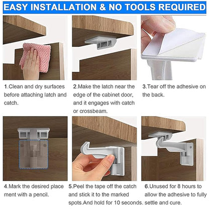 12 Pack Upgraded Invisible Baby Proofing Cabinet Latch Locks - No Drilling or Tools Required, Children Proof Cupboard Drawers Latches, Works with Most Cabinets and Drawers - Adhesive Easy Installation