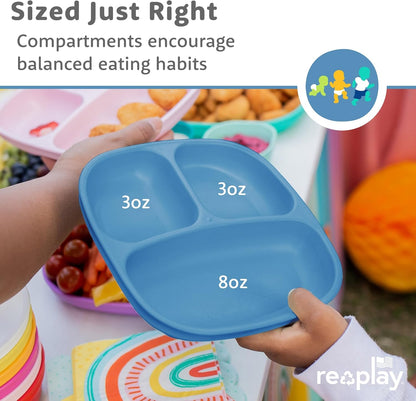 Re-Play Toddler Plates with Dividers - Deep-Walled 3 Compartments Divided Plates for Kids - Dishwasher & Microwave Safe - Made in USA - Set of 3-7.37" x 7.37" x 1.25" - Beach Baby