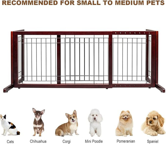 Bonnlo Free Standing Dog Gate, 37" - 68" Wide Pet Gate for Fireplace Stairs Doorways, Wooden Adjustable Pet Fence Indoor, Christmas Tree Gate (Cherry)