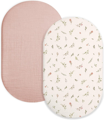 Muslin Bedside Bassinet Sheets 2 Pack, 33x20 Fitted Ultra Soft & Breathable Bedside Sleeper Sheets, Ideal for Baby Girl and Boy, Perfect for Newborns (Hopping Bunnies & Beige)