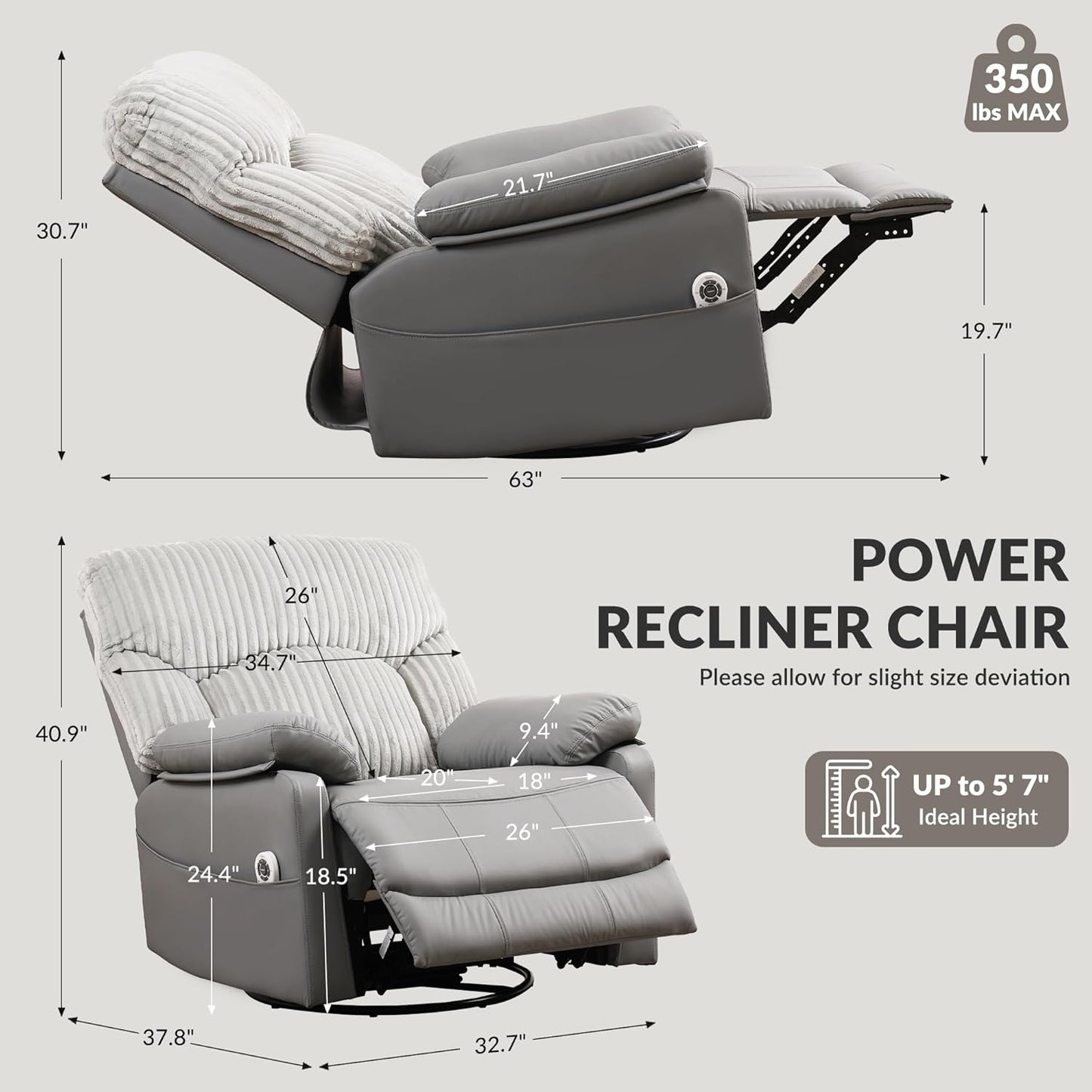 GRAINELL Oversize Power Swivel Recliner, 40in Wide Electric Glider Rocking Chair with Headrest Adjustment, USB Port, 270° Swivel, Rock 30° – for Living Room, Nursery, Black (5" 7' to 6" 1' Height)
