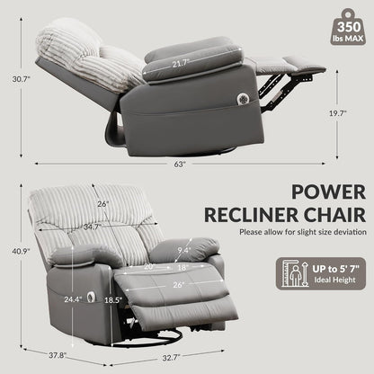 GRAINELL Oversize Power Swivel Recliner, 40in Wide Electric Glider Rocking Chair with Headrest Adjustment, USB Port, 270° Swivel, Rock 30° – for Living Room, Nursery, Black (5" 7' to 6" 1' Height)