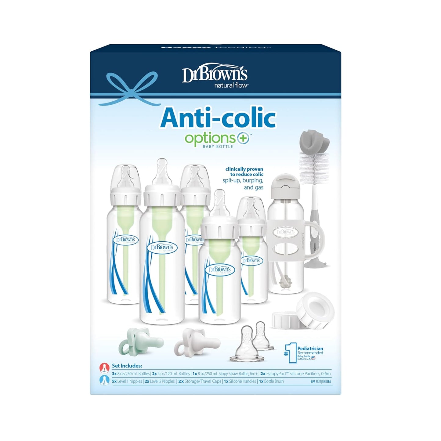 Dr. Brown's Anti-Colic Options+ Narrow Bottle Gift Set with Sippy Straw Bottle, HappyPaci Silicone Pacifiers, Storage/Travel Caps, and Bottle Brush, Pink