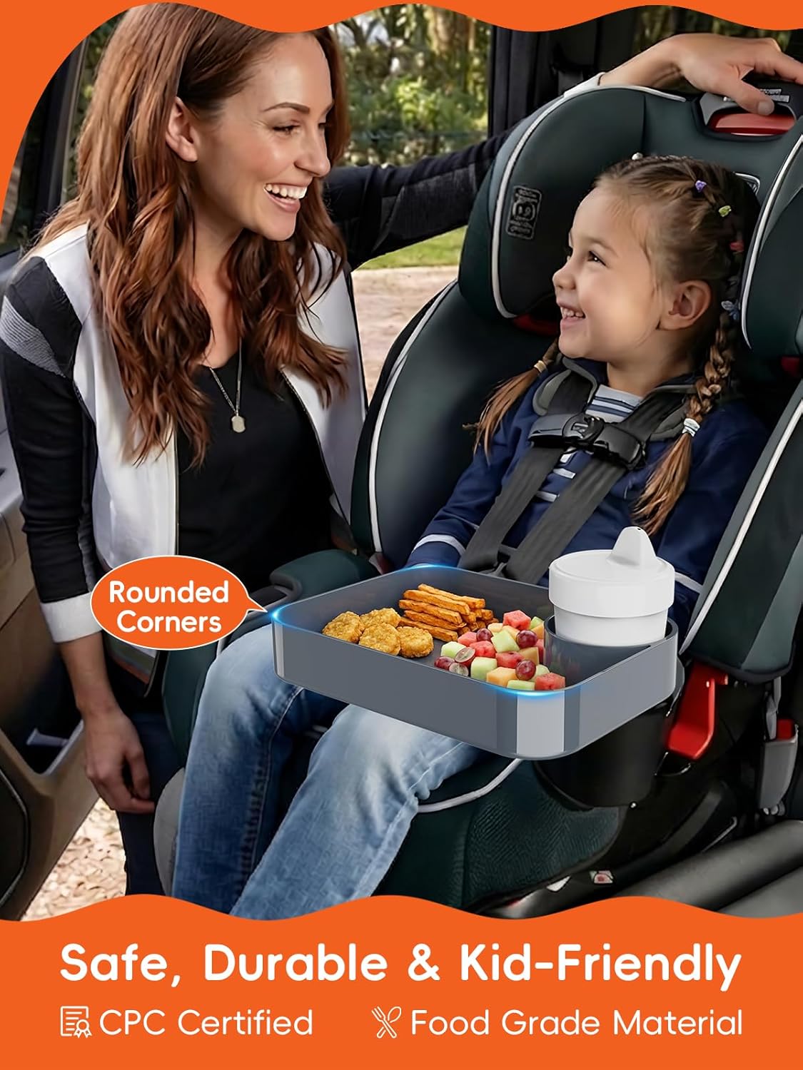 Car Seat Cup Holder Snack Tray for Kids, Reduces Mess, Detachable Large Base & Adjustable Ring, Carseat Tray for Toddler, Car Seat Food Tray Table for Kid Travel Road Trip Essentials -Light Gray