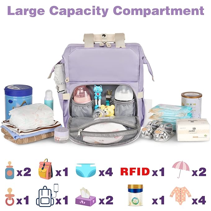 Jiefeike Diaper Bag Backpack,Purple Travel Backpack for Dad Mom Boys Girls,Insulated Pockets Portable Baby Nappy Bags RFID Anti-Theft Water-Resistant Pocket Stroller Straps