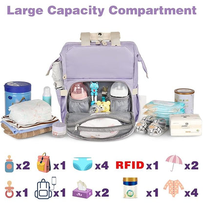 Jiefeike Diaper Bag Backpack,Purple Travel Backpack for Dad Mom Boys Girls,Insulated Pockets Portable Baby Nappy Bags RFID Anti-Theft Water-Resistant Pocket Stroller Straps