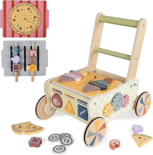 BAUTIA Baby Push Toys, Wooden Play Kitchen Food Cart, Montessori Acitivty Center Walker Toys for 1 2 Year Old Girl Boys Gifts