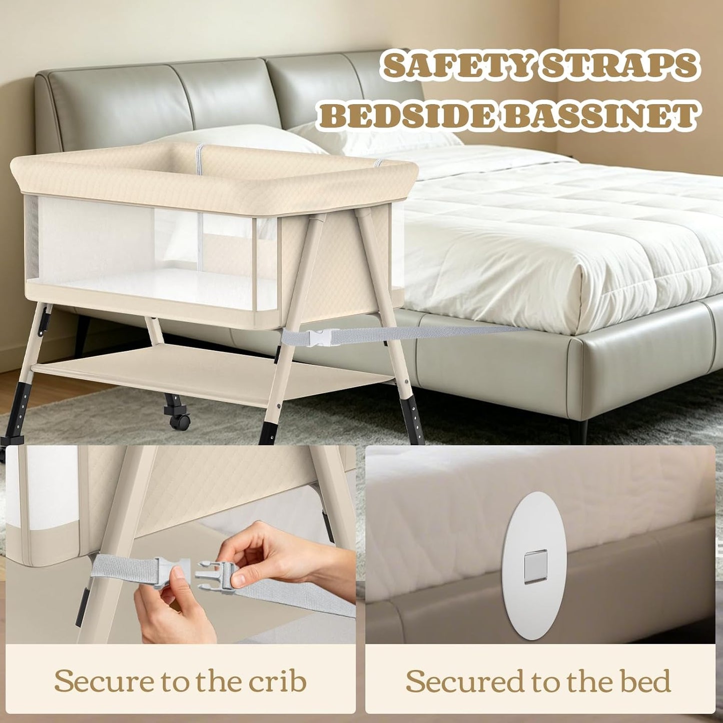 Baby Bassinet, 3-in-1 Baby Bassinets Bedside Sleeper for Newborn with Breathable Mesh, Portable Baby Crib with 4- Adjustable Height, Mattress, Storage Basket & Lockable Wheels, CPSC Beige