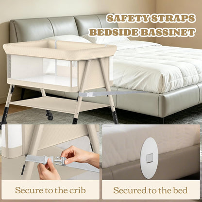 Baby Bassinet, 3-in-1 Baby Bassinets Bedside Sleeper for Newborn with Breathable Mesh, Portable Baby Crib with 4- Adjustable Height, Mattress, Storage Basket & Lockable Wheels, CPSC Beige