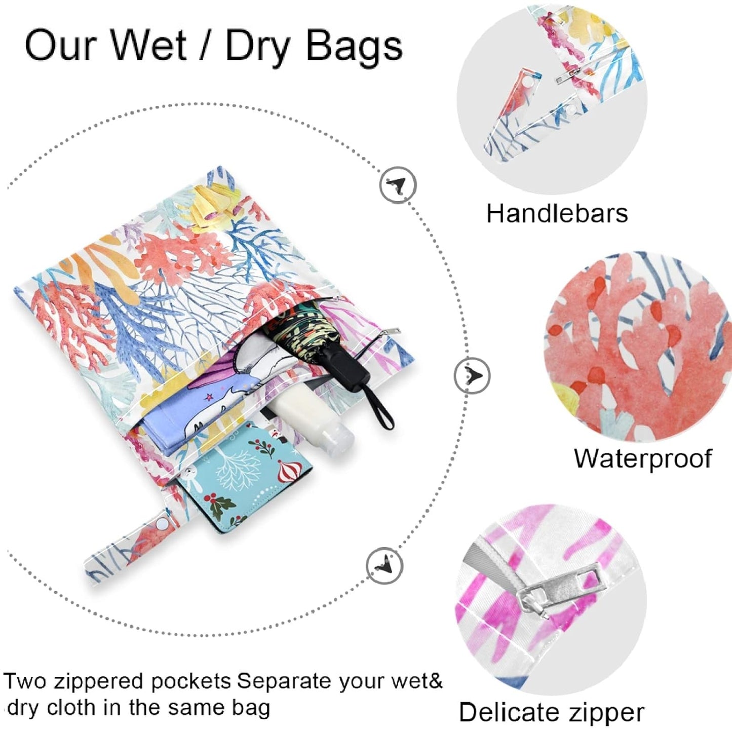 visesunny Leopard Grain 2Pcs Wet Bag with 2 Zippered Pockets Snap Handle Washable Reusable Roomy for Travel,Beach,Pool,Daycare,Stroller,Diapers,Dirty Gym Clothes, Wet Swimsuits, Toiletries