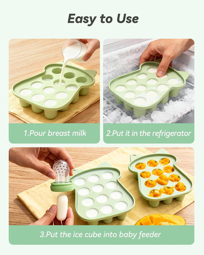 Silicone Baby Fruit Food Feeder (2 Pack) with Freezer Nibble Tray, Breastmilk Popsicle Molds for Baby Teething Relief, Feeder for Safe Infant Self Feeding, BPA Free, Dishwasher Safe, 3 Month+ Pink