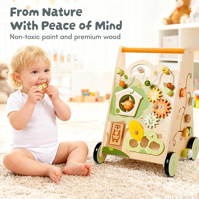 10-in-1 Wooden Baby Walker with Activity Center, Forest Montessori Push Toy for Toddlers 1–3, Bead Maze, Shape Sorter, Gears, Puzzles Fine-Motor Learning, Speed Adjustable Wood Walker for First Steps