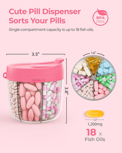 AMOOS Cute Pill Dispenser with 7 Compartments, Pill Bottle Organizer with Anti-Mix Design, Portable Pill Organizer for Travel with Wide Mouth for Easy Access, BPA-Free Patented Pill Container, Pink