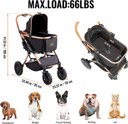 VEVOR Pet Stroller, 44 lbs Weight Capacity, Foldable Dog Cart, 4 Wheels Cats Stroller with Mesh Windows & Revrsible Handle, Portable Pet Carrier with Brake, for Small to Medium Pets