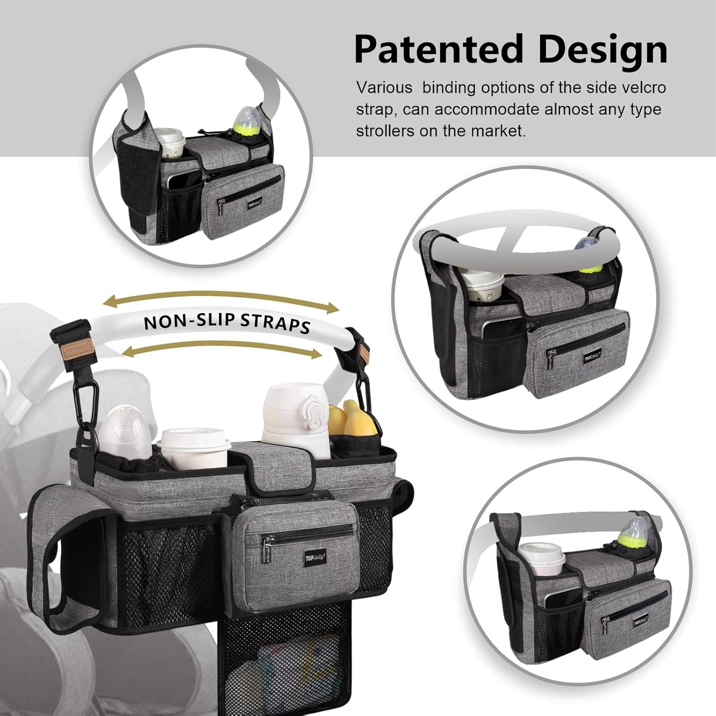 TOPDesign Universal Baby Stroller Organizer, Stroller Caddy with Detachable Mesh Bag & Heightened Insulated Cup Holders & Non-Slip Secure Hooks Accessories, Fits Most Strollers (Checkerboard) - Colors B