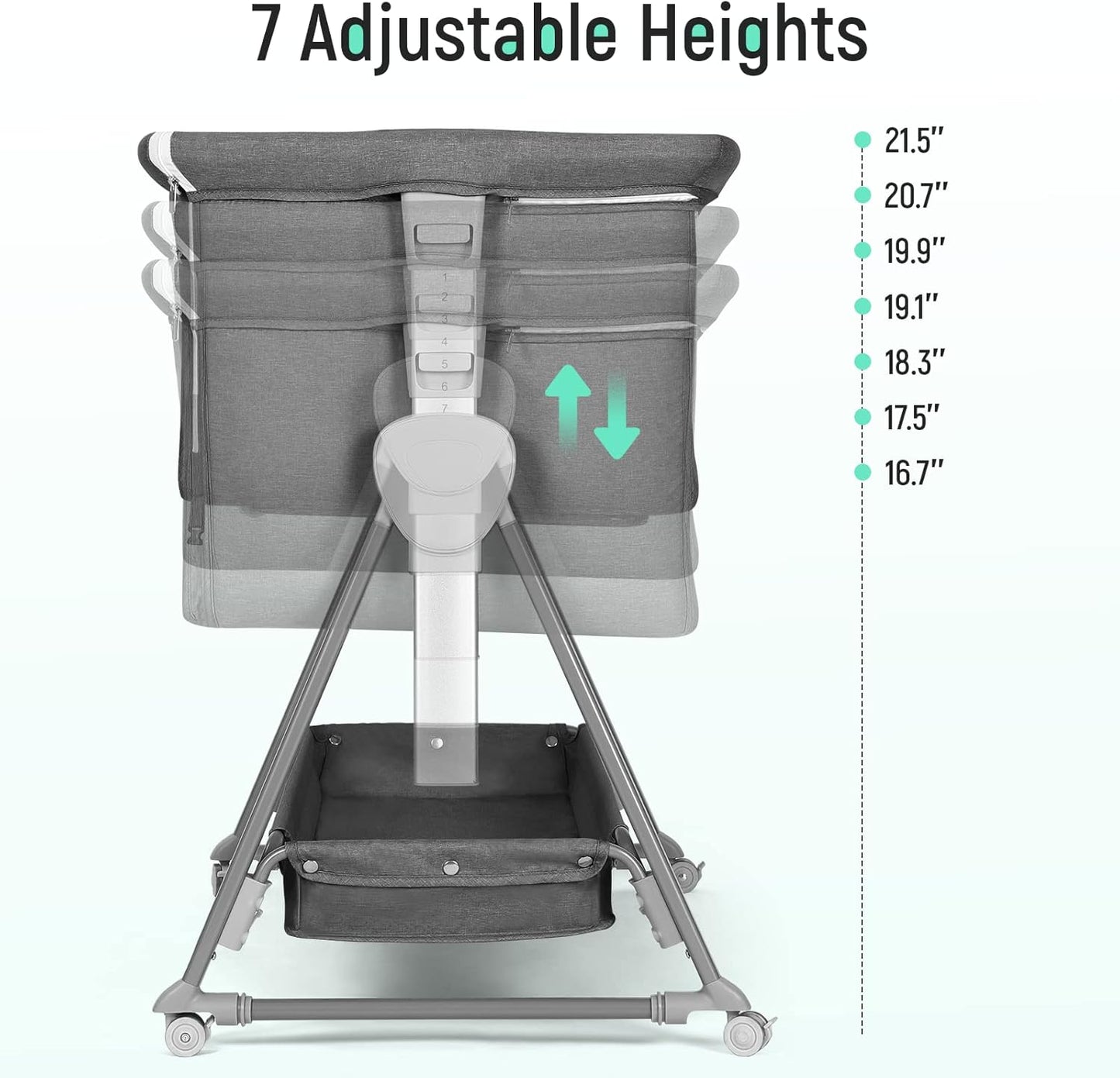 Cowiewie Bassinet Bedside Sleeper, Baby Bassinet with 7 Adjustable Height, Bedside Bassinet for Baby with Storage, Breathable Mesh & Mattress, Portable Bassinet Easy Folding (Pyramid Light Gray)