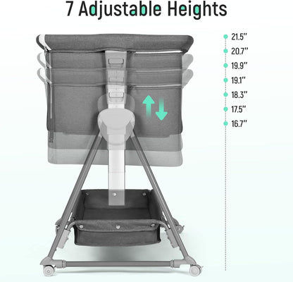 Cowiewie Bassinet Bedside Sleeper, Baby Bassinet with 7 Adjustable Height, Bedside Bassinet for Baby with Storage, Breathable Mesh & Mattress, Portable Bassinet Easy Folding (Pyramid Light Gray)