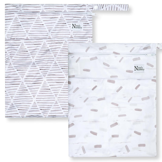 Nora's Nursery Reusable Wet Dry Bag for Cloth Diapers, Washable Pod with Large Zipper Opening, 2-Pack Waterproof Diaper Pods with Detachable Snap, Wet Bags for Cloth Diapers