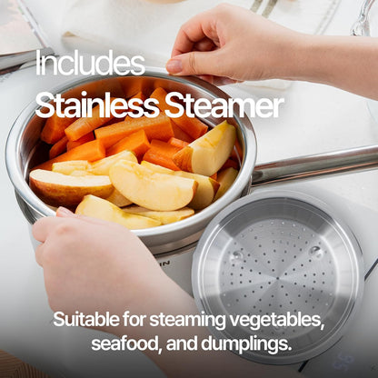 316 Stainless Steel 2.3 Quart Sauce Pan Baby Food Maker with Steamer Basket, Strainer & Lid, 3-in-1 Multi-Function Pot, 5-Ply Induction Cookware, Dishwasher & Oven Safe