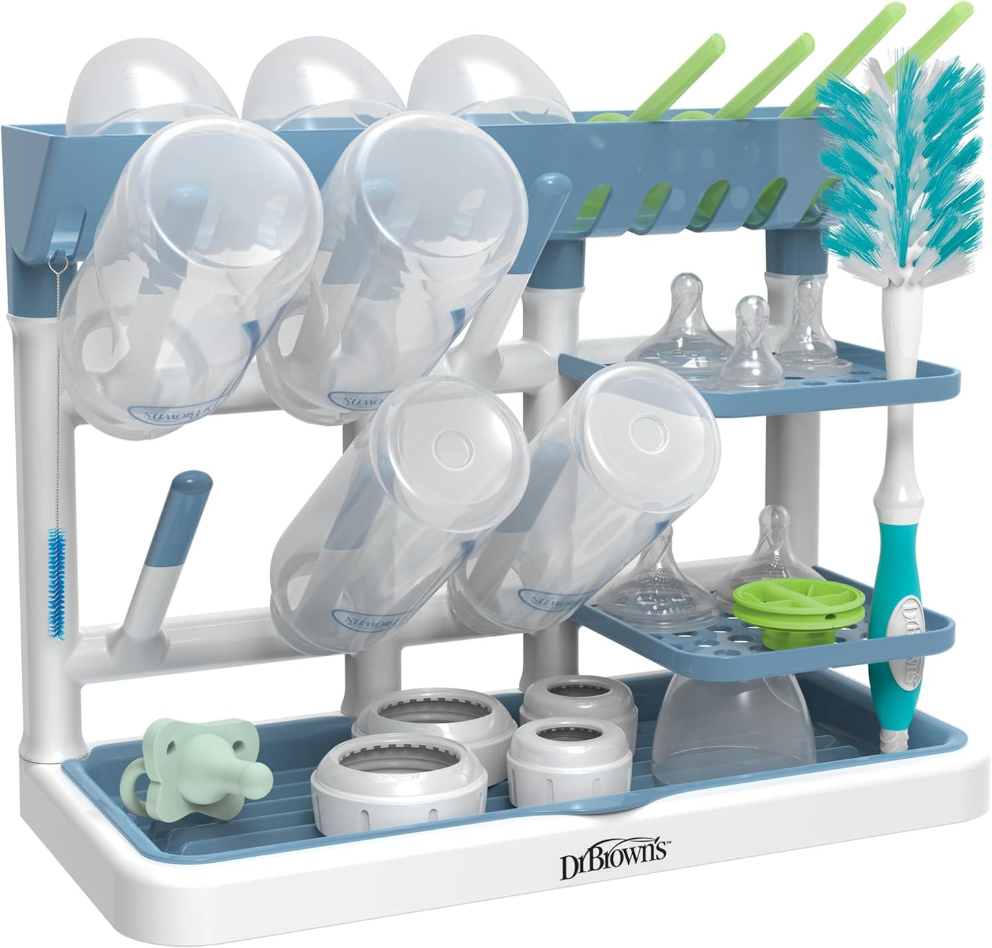 Dr. Brown's Baby Bottle Drying Tower, Stand-Up Countertop Drying Rack with Organized Storage for Baby Essentials, Space Saving Vertical Rack, Gray/White