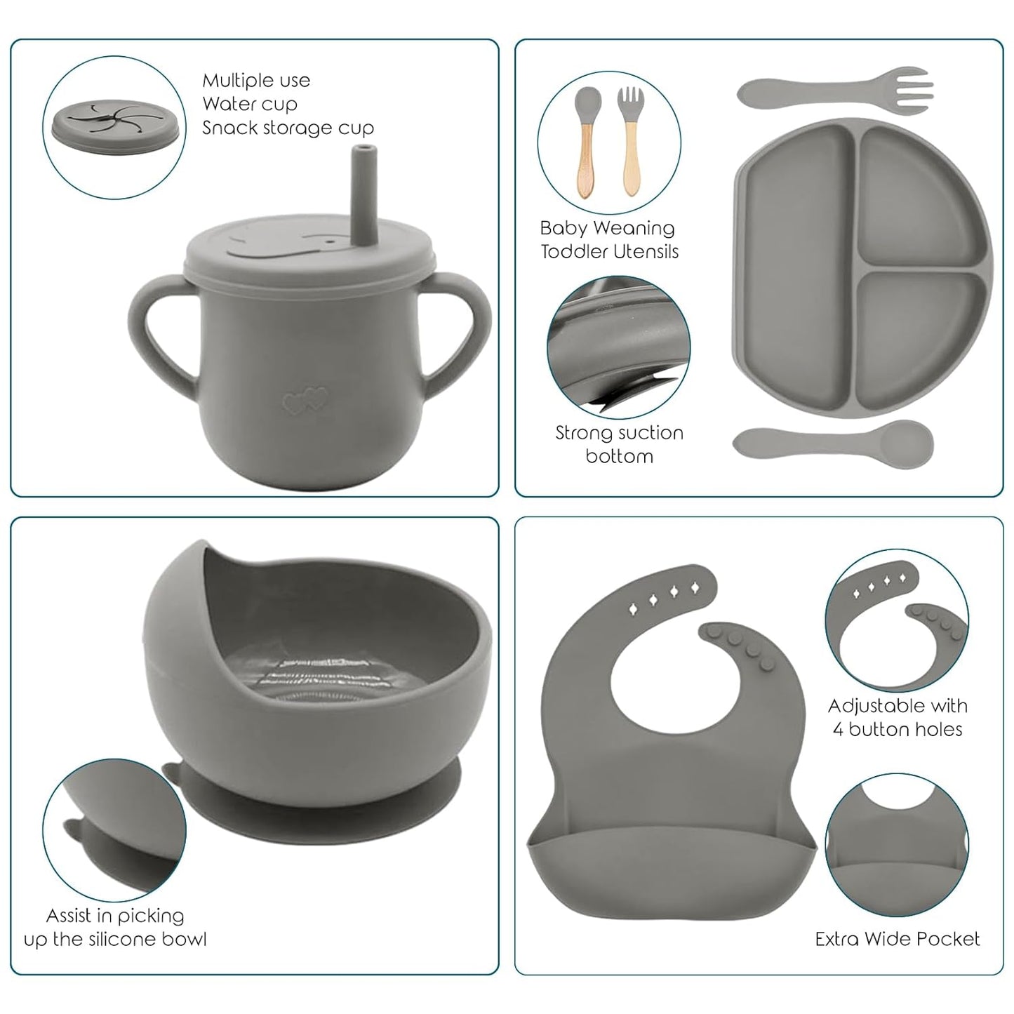 100% Silicone Baby Feeding Set, BPA Free Baby Dishes with Suction Bowl, Divided Plate, Toddler Self Feeding Dish Set with Spoons, Forks, Sippy Cup and Bib, Baby Eating Utensils (Navy Blue)