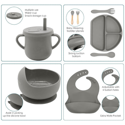 100% Silicone Baby Feeding Set, BPA Free Baby Dishes with Suction Bowl, Divided Plate, Toddler Self Feeding Dish Set with Spoons, Forks, Sippy Cup and Bib, Baby Eating Utensils (Navy Blue)