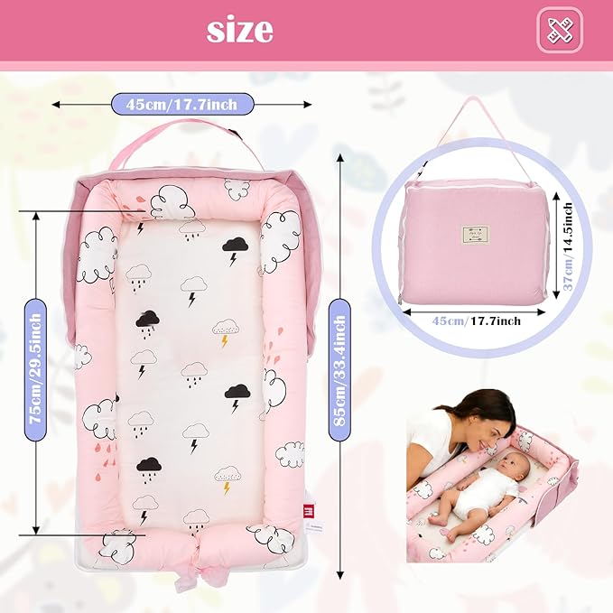 Baby Lounger for Newborns & Infants 0–24 Months, 100% Cotton Breathable Infant Support Cushion with Adjustable Size, Portable Baby Nest for Home and Travel, Baby Shower Gift (Rain Cloud)