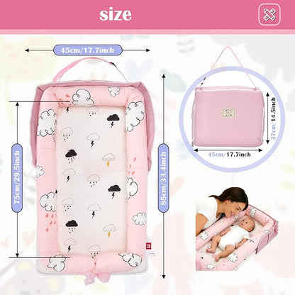 Baby Lounger for Newborns & Infants 0–24 Months, 100% Cotton Breathable Infant Support Cushion with Adjustable Size, Portable Baby Nest for Home and Travel, Baby Shower Gift (Rain Cloud)